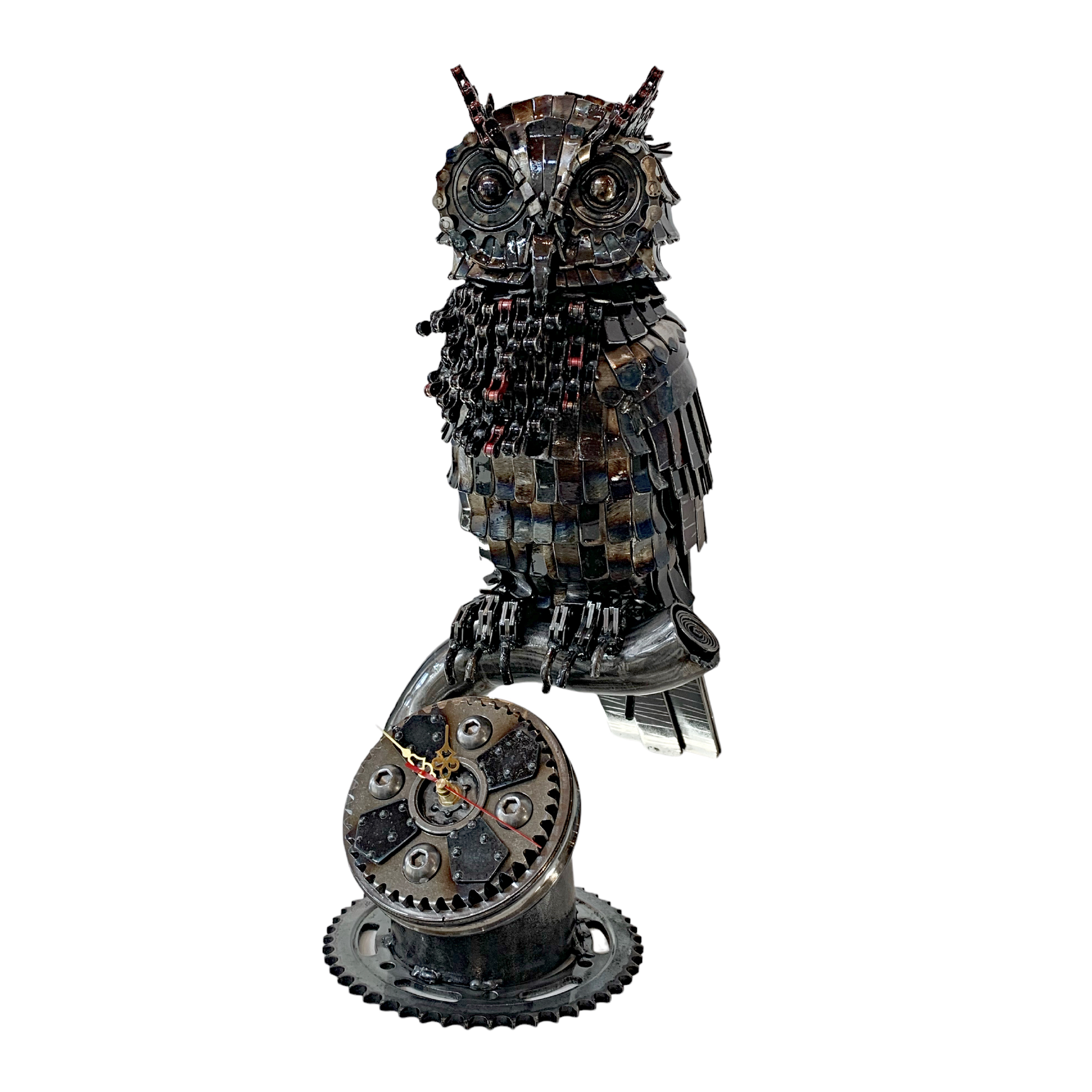 The Night Watch, Reclaimed Metal Owl Clock Sculpture by Wendy Stone at Effusion Art Gallery in Invermere, BC.