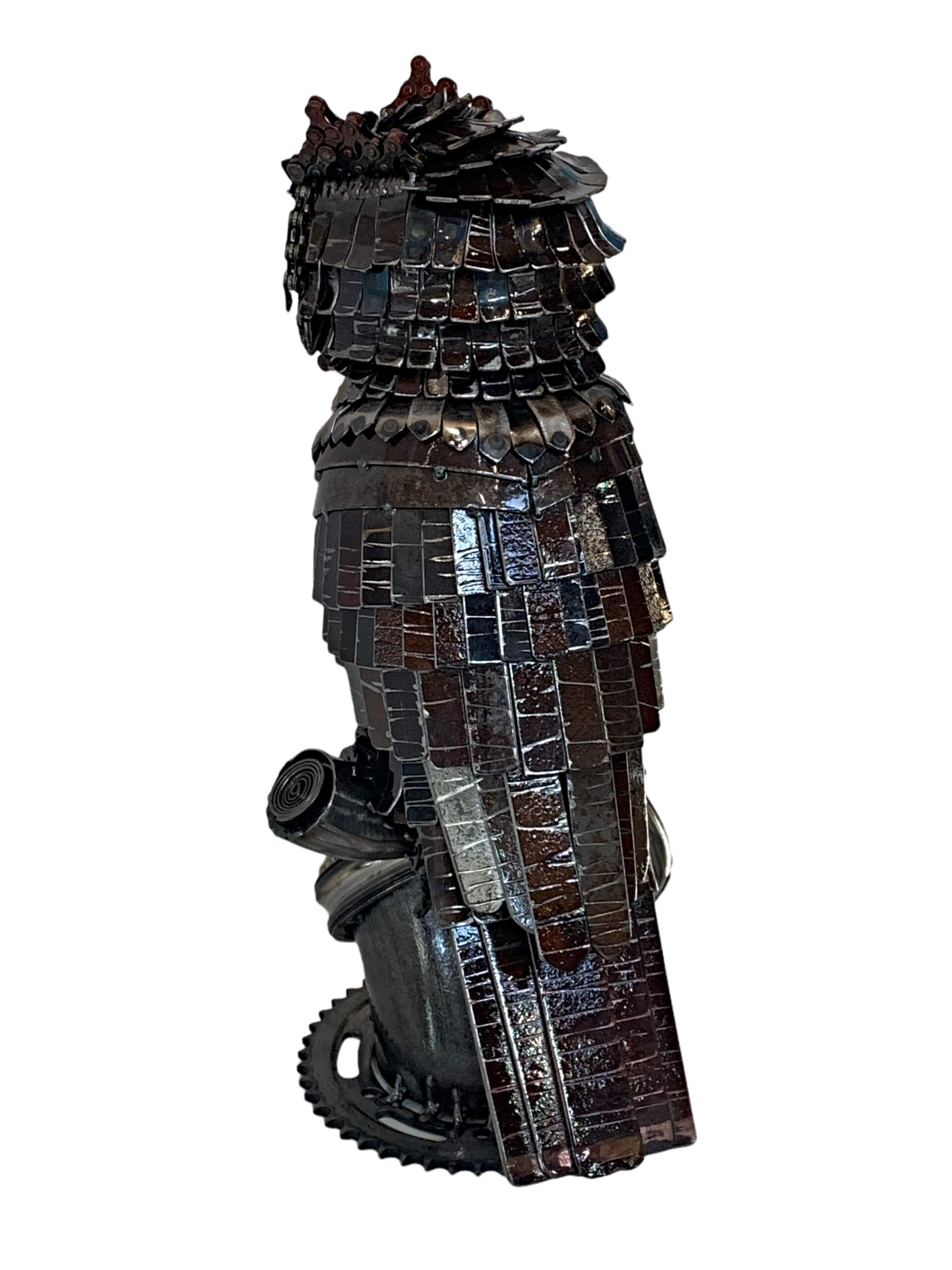 The Night Watch, Reclaimed Metal Owl Clock Sculpture by Wendy Stone at Effusion Art Gallery in Invermere, BC.