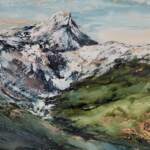 Forged in Eternity, original alcohol ink painting of Mount Nelson at sunset by Paulina Tokarski at Effusion Art Gallery in Invermere, BC.