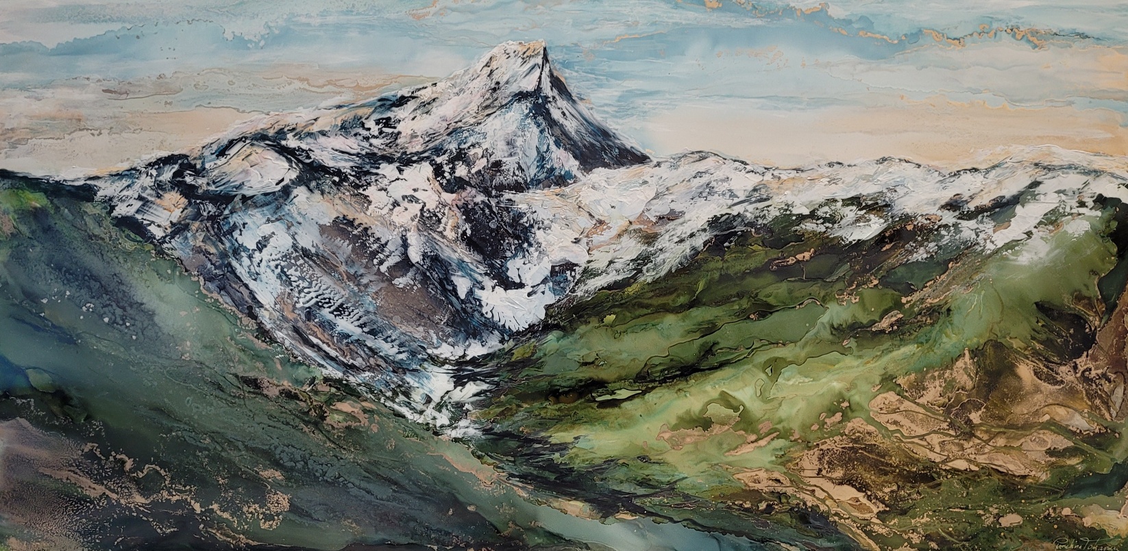 Forged in Eternity, original alcohol ink painting of Mount Nelson at sunset by Paulina Tokarski at Effusion Art Gallery in Invermere, BC.