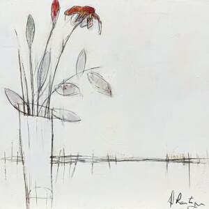 Original modern still lift painting of a red flower in a linear vase on a soft creamy white background by Danielle Lanteigne.
