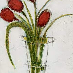 Original modern painting of red tulips in a clear vase on a black table with a soft creamy white background by Danielle Lanteigne.