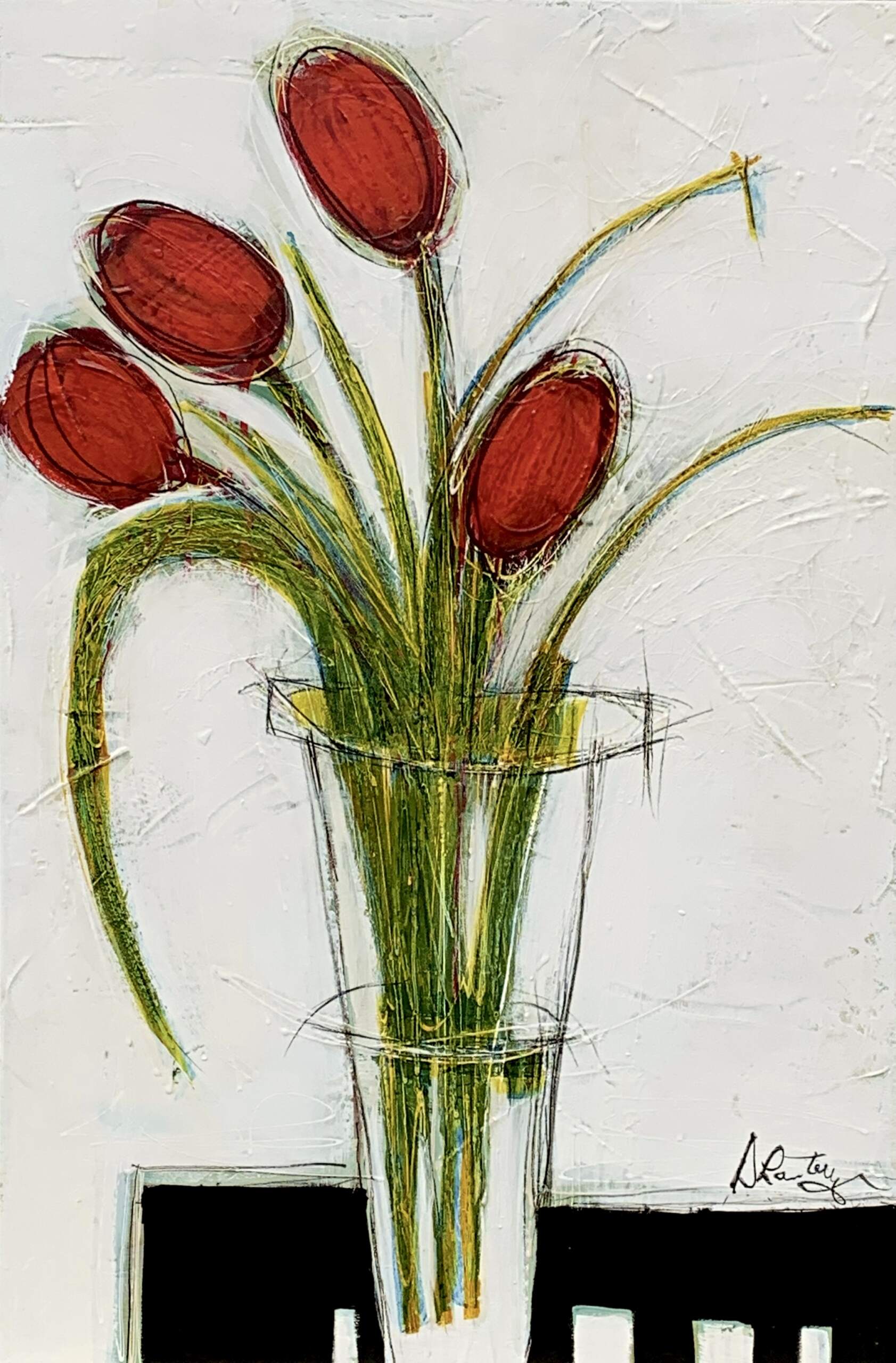 Tulipes et table noir, acrylic tulip painting by Canadian artist Danielle Lanteigne at Effusion Art Gallery in Invermere, BC.