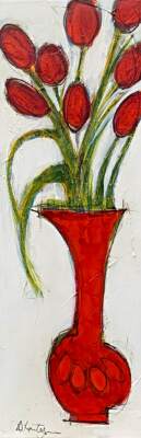 Tulipes et vase rouge, acrylic tulip painting by Canadian artist Danielle Lanteigne at Effusion Art Gallery in Invermere, BC.