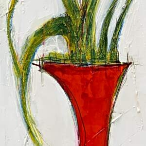 Original modern painting of red tulips in a red vase with a soft creamy white background by Danielle Lanteigne.