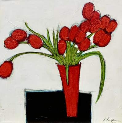 Tulipes sur table noir, acrylic tulip painting by Canadian artist Danielle Lanteigne at Effusion Art Gallery in Invermere, BC.