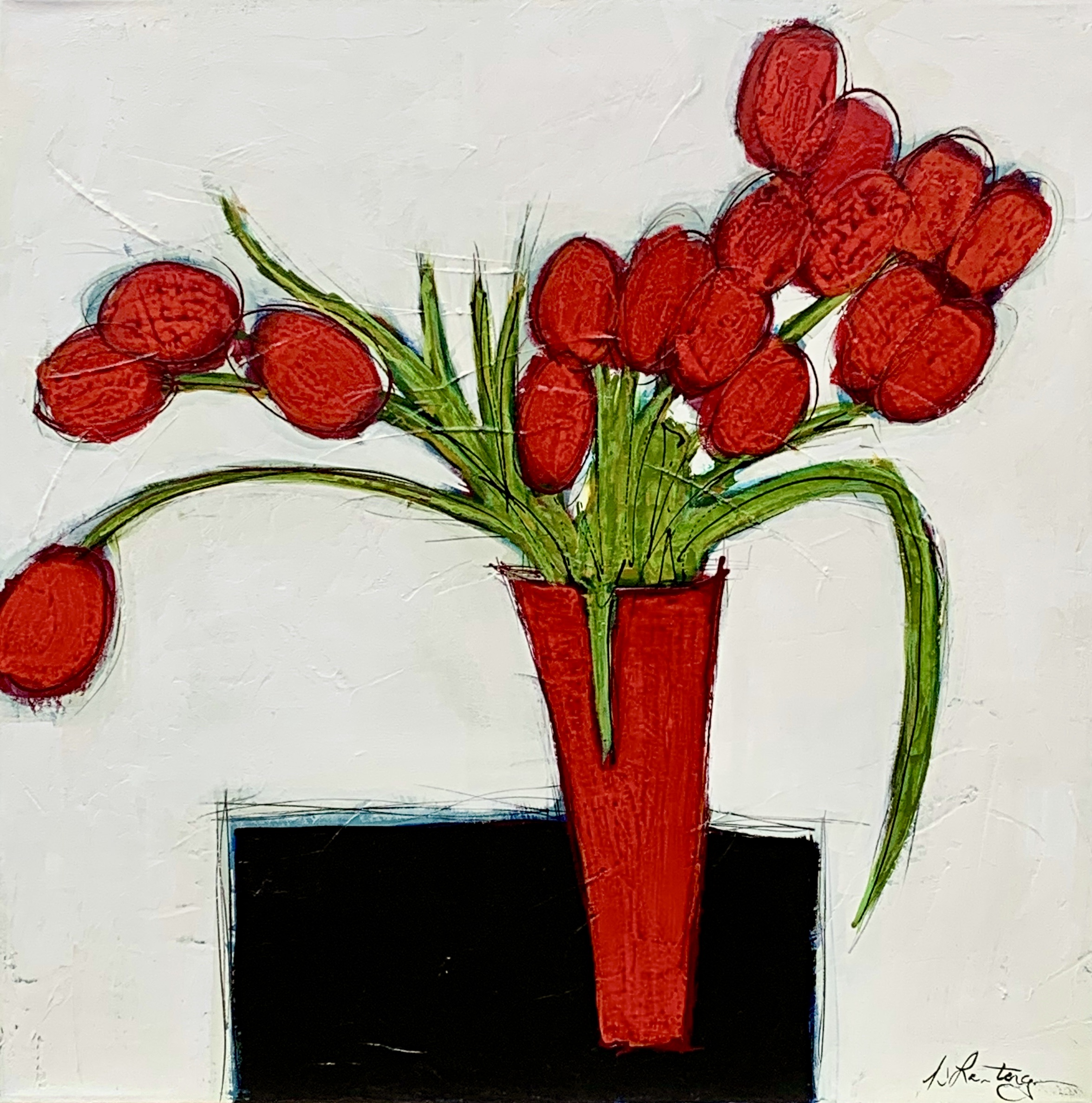 Tulipes sur table noir, acrylic tulip painting by Canadian artist Danielle Lanteigne at Effusion Art Gallery in Invermere, BC.