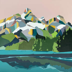 Original color blocked mountain and lake landscape painting with mauve sky by Michelle Barkway