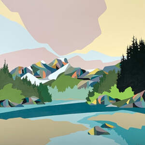 Original color blocked mountain and Bow River landscape painting with mauve, yellow, and blue sky by Michelle Barkway