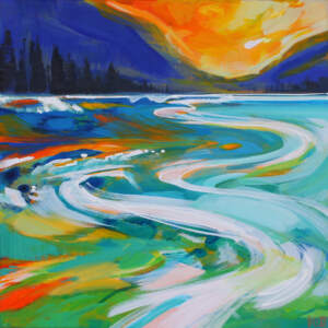 Original vibrant summer lake landscape at sunset painting by Becky Holuk.