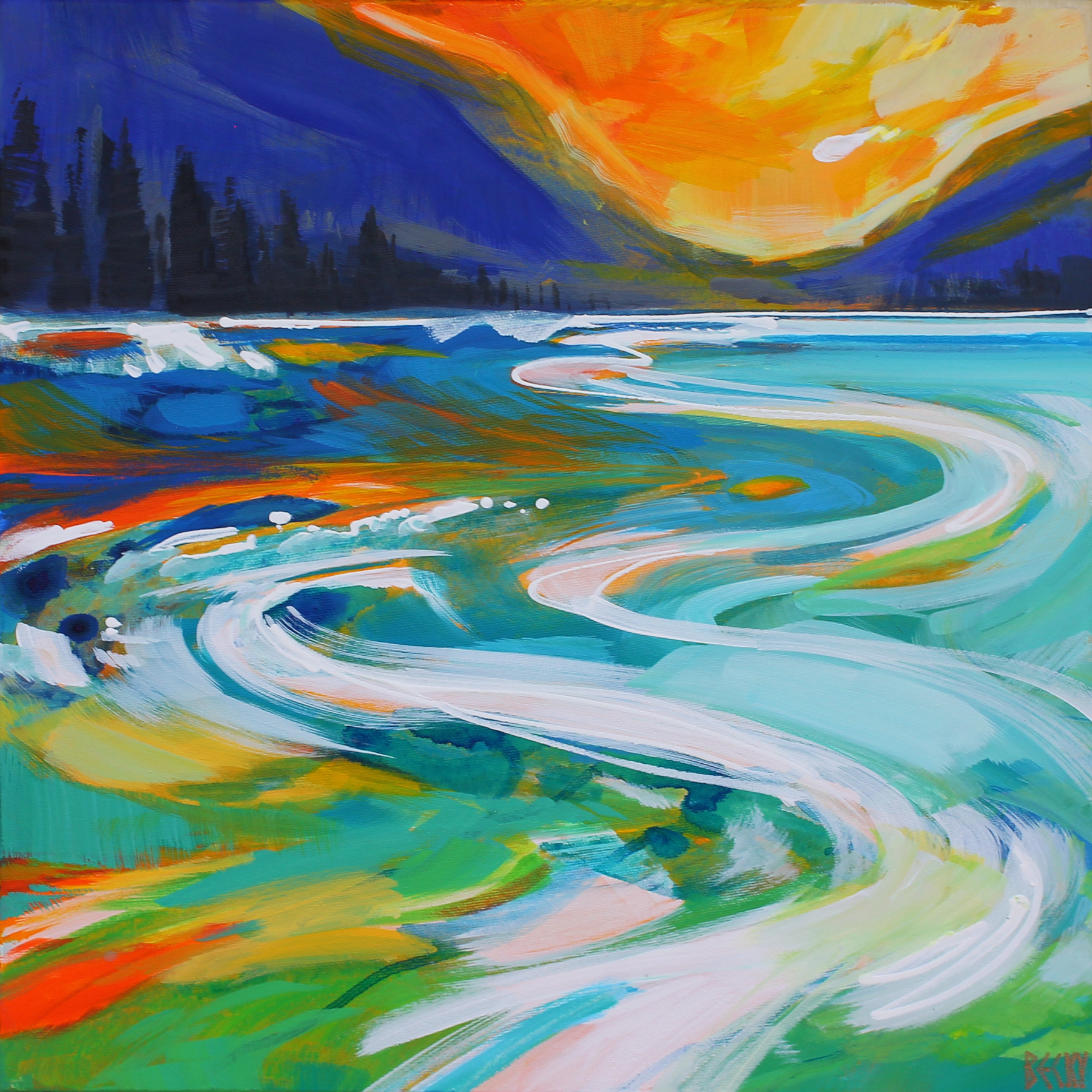 Boat Wake at Sunset, original acrylic lake landscape painting by Canadian artist Becky Holuk at Effusion Art Gallery in Invermere, BC.