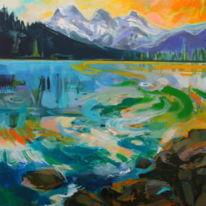 Dance of the Tree Sisters, original acrylic landscape painting of the Three Sisters Mountains by Becky Holuk at Effusion Art Gallery in Invermere, BC.