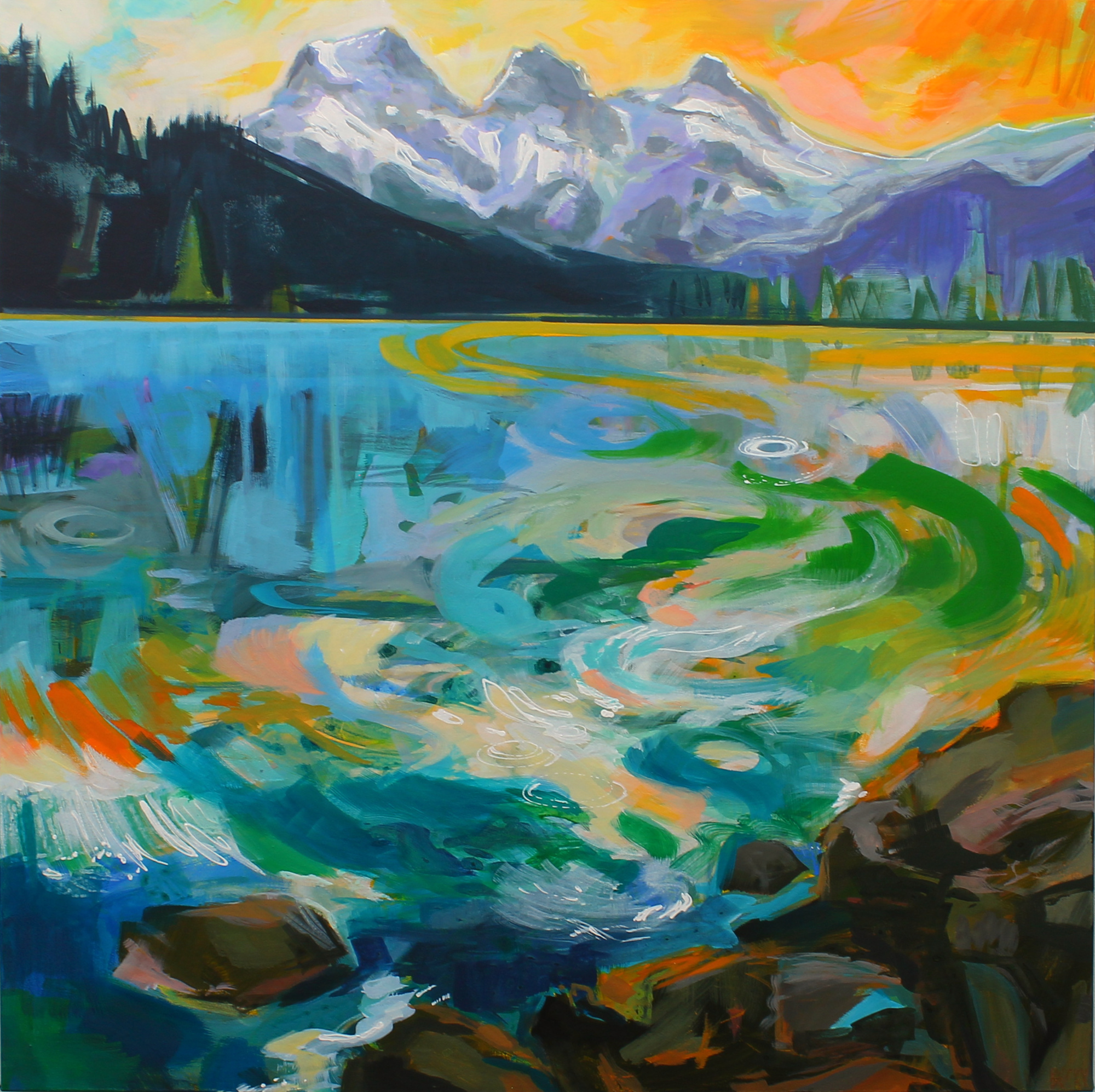 Dance of the Tree Sisters, original acrylic landscape painting of the Three Sisters Mountains by Becky Holuk at Effusion Art Gallery in Invermere, BC.
