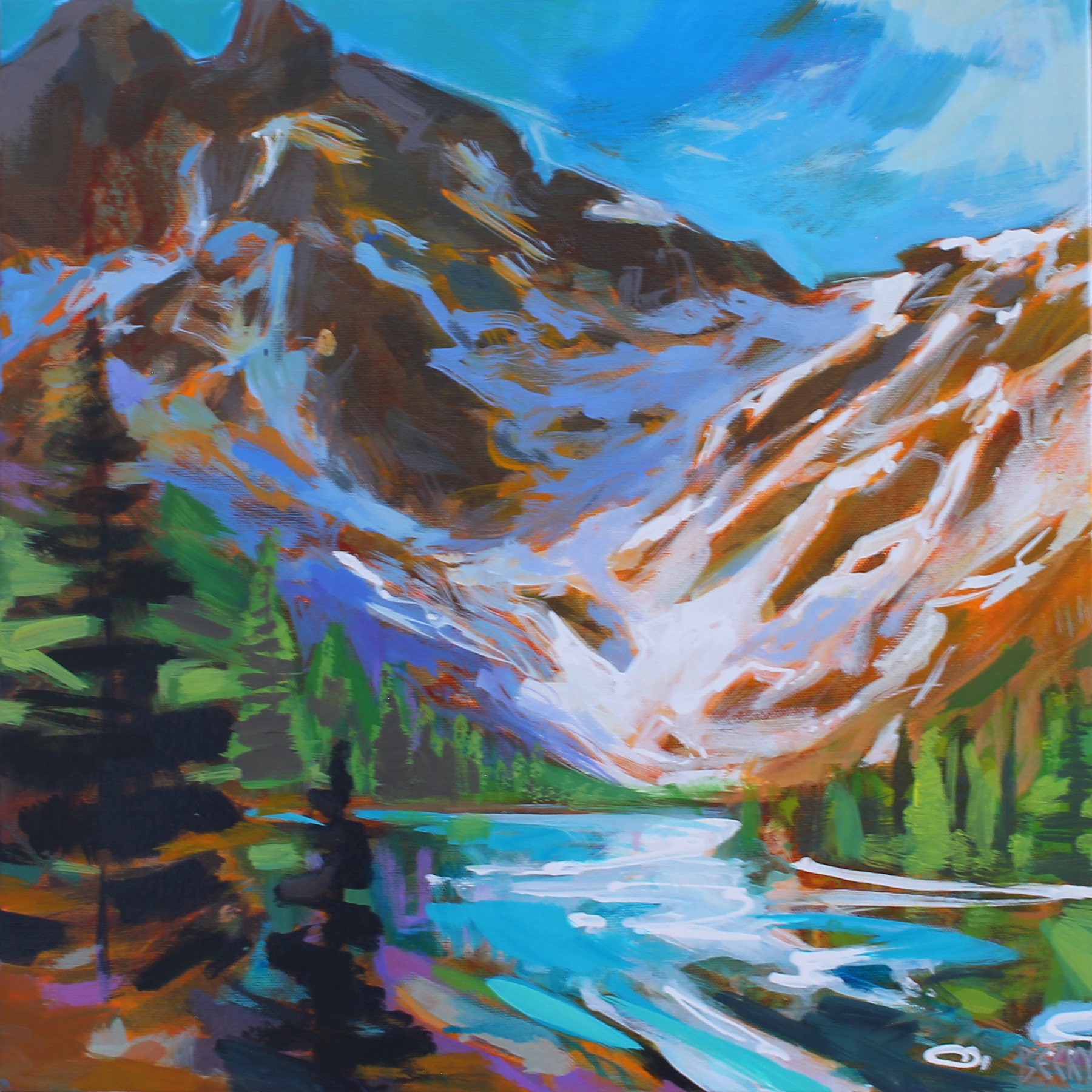 Hike to the Towers, original acrylic mountain lake landscape painting by Canadian artist Becky Holuk at Effusion Art Gallery in Invermere, BC.