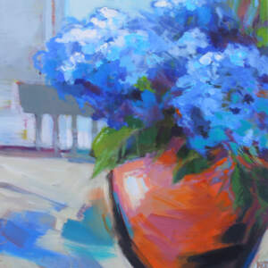 Original acrylic floral painting of vibrant blue bouquet of hydrangeas in a red and purple vase by Becky Holuk.