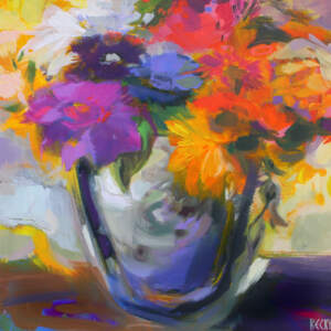 Original vibrant acrylic abstract flower bouquet painting with bright purple, red, and yellow-orange flowers in a clear and blue vase by Becky Holuk.