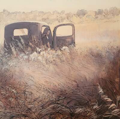Both Sides Now, mixed media prairie painting by Canadian artist Michaela Hoppe at Effusion Art Gallery in Invermere, BC