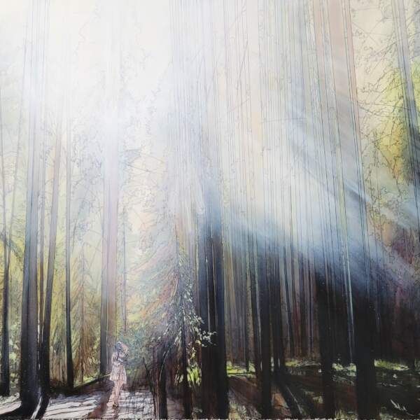 Glow, mixed media landscape painting by Canadian artist Michaela Hoppe at Effusion Art Gallery in Invermere, BC