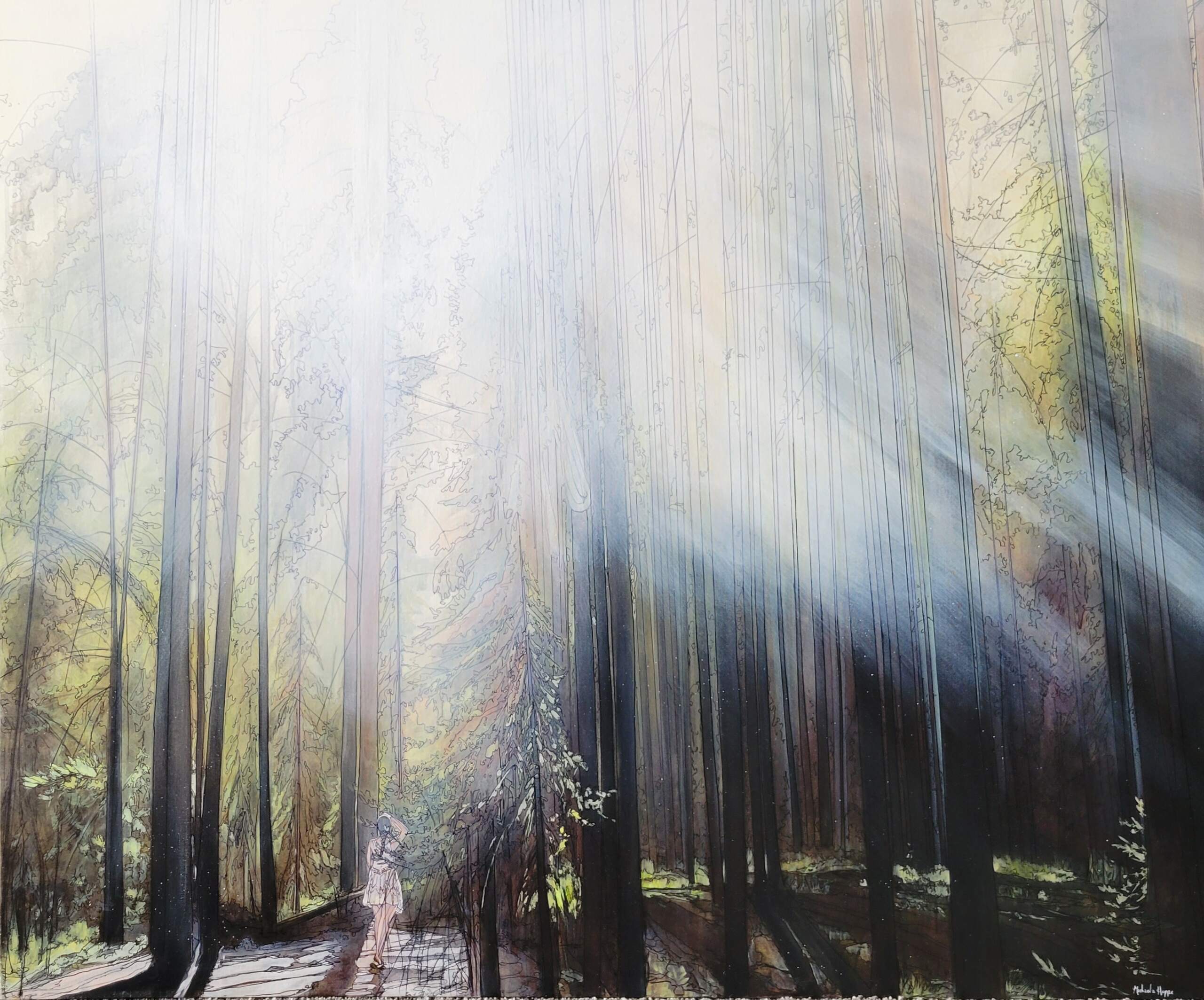 Glow, mixed media landscape painting by Canadian artist Michaela Hoppe at Effusion Art Gallery in Invermere, BC