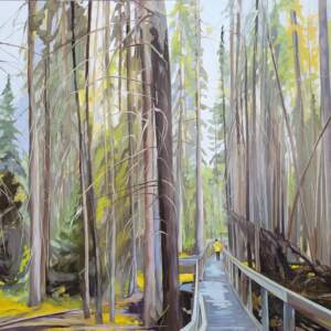 Original mixed media painting of a person walking through a forest of tall trees by Michaela Hoppe.