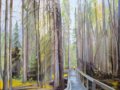 Mystic Woods, mixed media landscape painting by Canadian artist Michaela Hoppe at Effusion Art Gallery in Invermere, BC