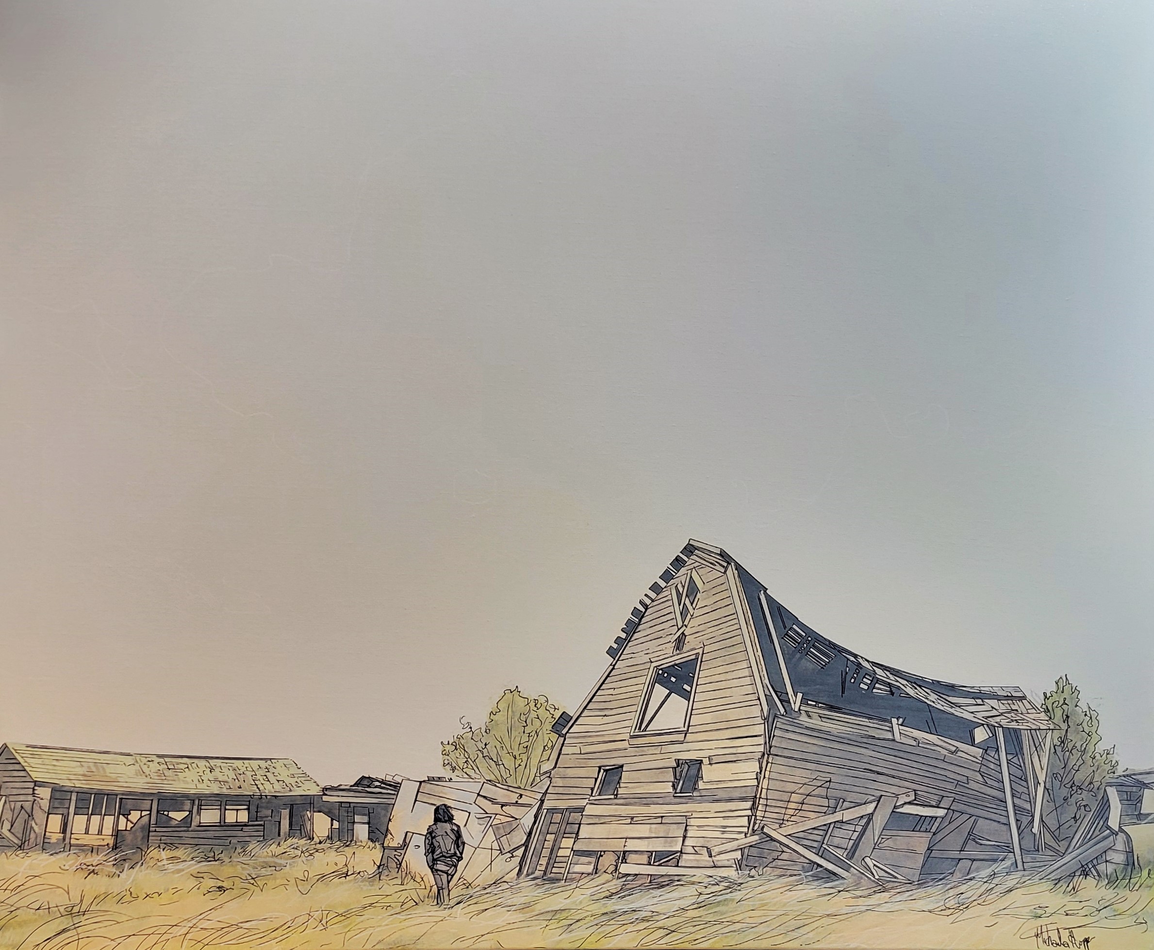 Narrative Bones, mixed media old barn and prairie landscape painting by Canadian artist Michaela Hoppe at Effusion Art Gallery in Invermere, BC