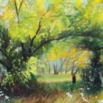 Portal to Fae, mixed media lush green landscape painting by Canadian artist Michaela Hoppe at Effusion Art Gallery in Invermere, BC