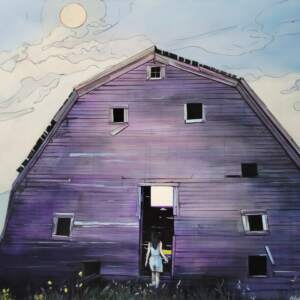Original mixed media painting of a person walking into an old purple barn by Michaela Hoppe.