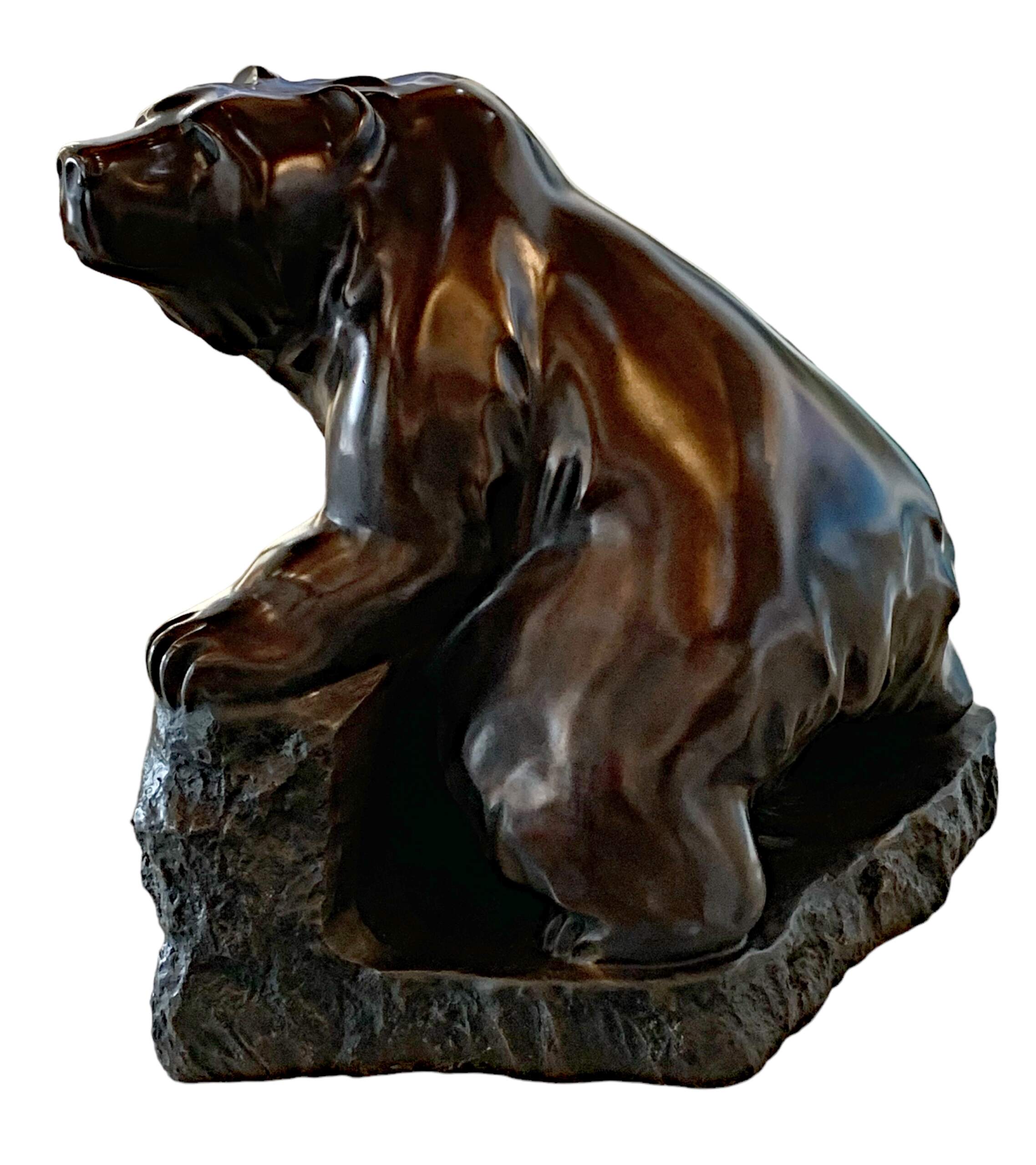 Heads Up!, original cast bronze grizzly bear sculpture by Canadian artist Cathryn Jenkins at Effusion Art Gallery in Invermere, BC.