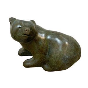 I Hear Mama Coming, original cast bronze cute bear cub sculpture by Canadian artist Cathryn Jenkins at Effusion Art Gallery in Invermere, BC.