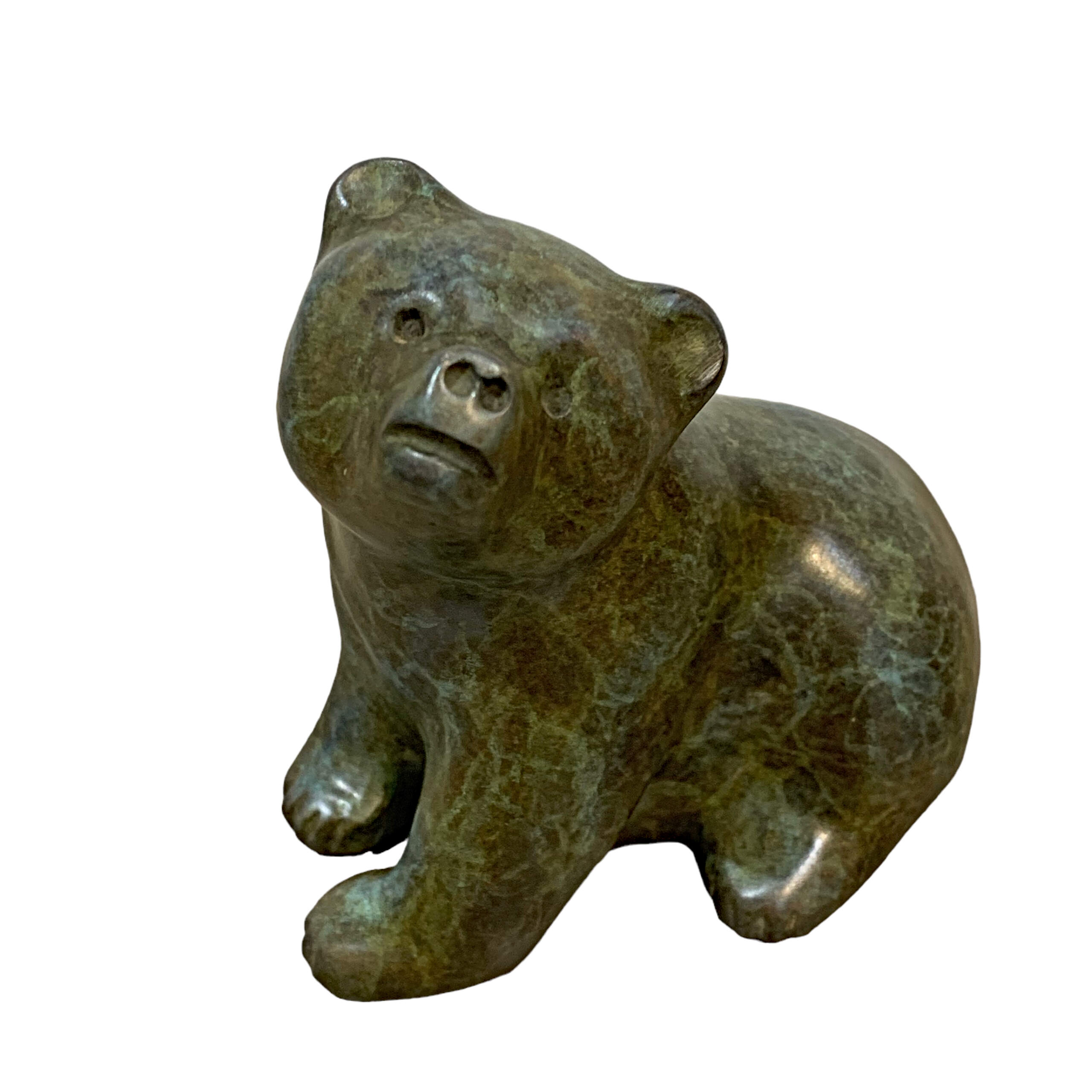 Looking Up to You, original cast bronze cute bear cub sculpture by Canadian artist Cathryn Jenkins at Effusion Art Gallery in Invermere, BC.