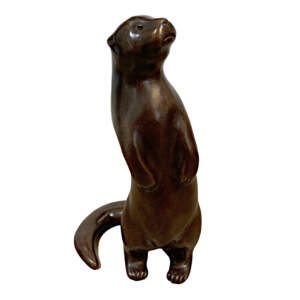Play Date?, original cast bronze cute standing otter sculpture by Canadian artist Cathryn Jenkins at Effusion Art Gallery in Invermere, BC.