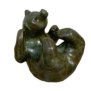 Scratch, original cast bronze cute bear cub sculpture by Canadian artist Cathryn Jenkins at Effusion Art Gallery in Invermere, BC.