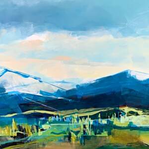 Green Gold, original acrylic mountain landscape painting by Katie Lois at Effusion Art Gallery in Invermere, BC.
