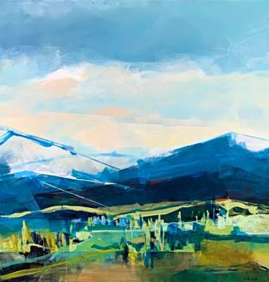 Green Gold, original acrylic mountain landscape painting by Katie Lois at Effusion Art Gallery in Invermere, BC.