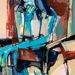 Lady in Cyan, original acrylic portrait painting by Katie Lois at Effusion Art Gallery in Invermere, BC.