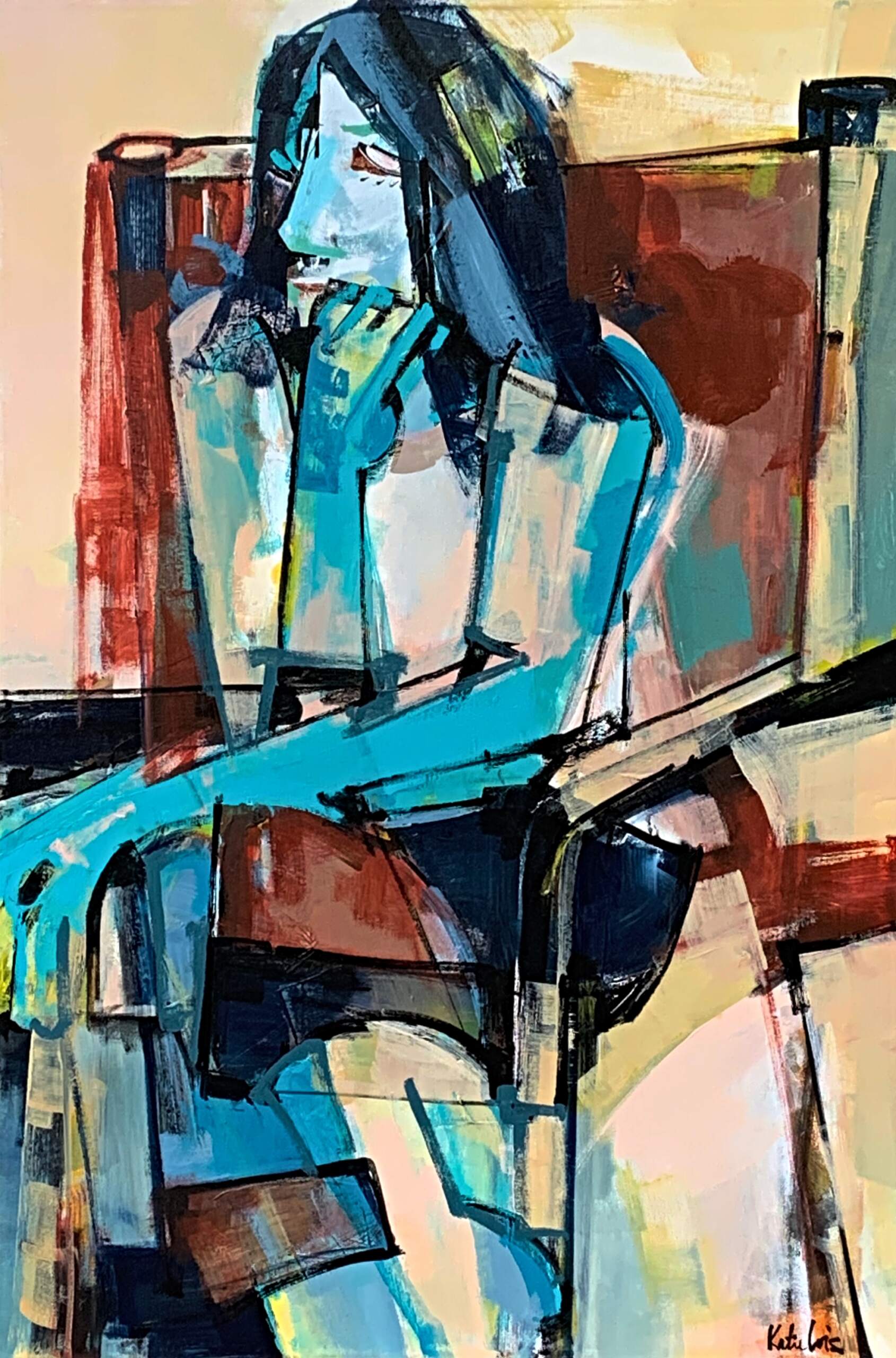 Lady in Cyan, original acrylic portrait painting by Katie Lois at Effusion Art Gallery in Invermere, BC.