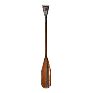 One of a kind reclaimed metal bronze and silver striped canoe paddle sculpture by Wendy Stone.