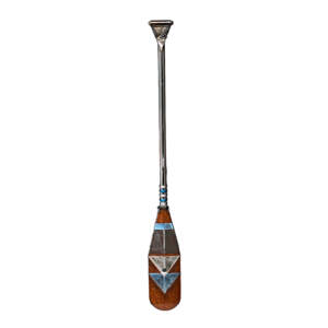 One of a kind reclaimed metal bronze, silver, and blue canoe paddle sculpture by Wendy Stone.