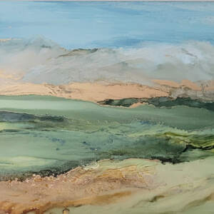 Original loose summer landscape painting with green hills, mountains, blue sky with metallic gold highlights by Paulina Tokarski.