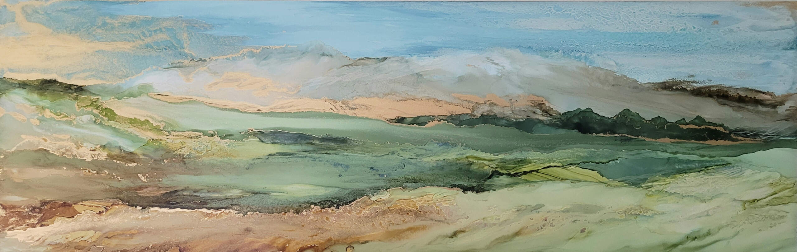 Daydream Whispers I, original alcohol ink loose landscape painting by Canadian artist Paulina Tokarski at Effusion Art Gallery in Invermere, BC.