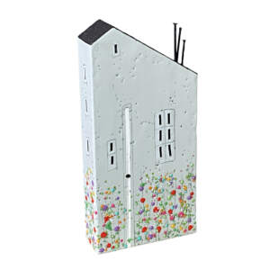 3-D encaustic painting of a cute light grey house with a white door, black sloped roof, colorful flowers, and nail chimney and door knob by Brenda Walker.