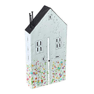 3-D encaustic painting of a cute light grey house with a white door, black sloped roof, colorful flowers, and nail chimney and door knob by Brenda Walker.