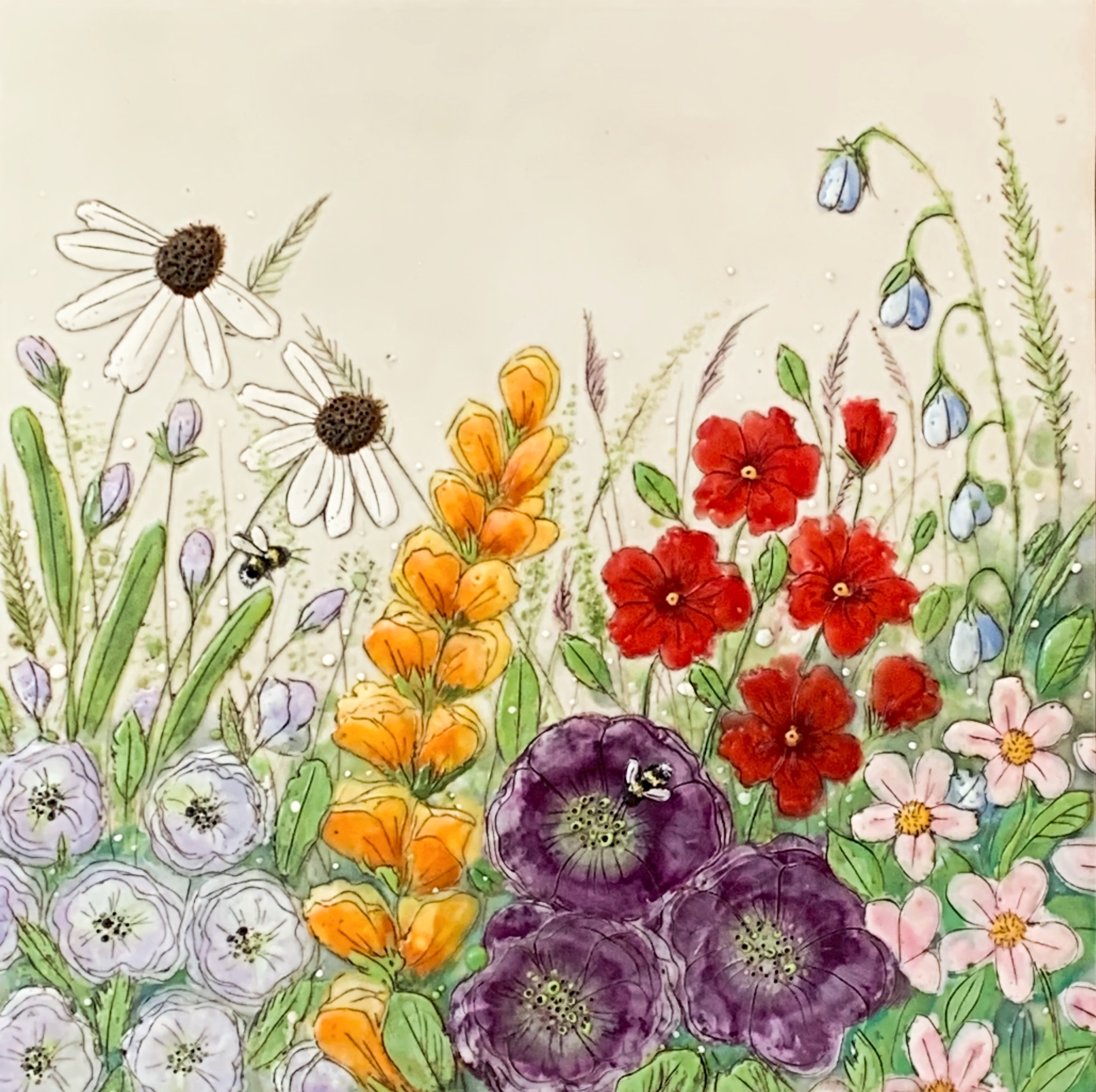In My Garden 18, original encaustic wildflower painting by Brenda Walker at Effusion Art Gallery in Invermere, BC.