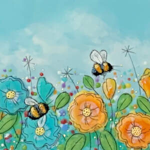 Just Bee 148, original encaustic wildflower + bee painting by Brenda Walker at Effusion Art Gallery in Invermere, BC.