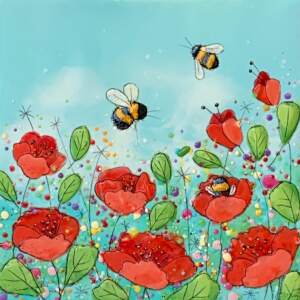 Just Bee 151, original encaustic wildflower + bee painting by Brenda Walker at Effusion Art Gallery in Invermere, BC.