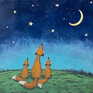 To the Moon and Past the Stars 19, original encaustic fox family painting by Brenda Walker at Effusion Art Gallery in Invermere, BC.