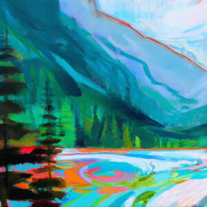 Original vibrant summer mountain lake landscape painting by Becky Holuk.