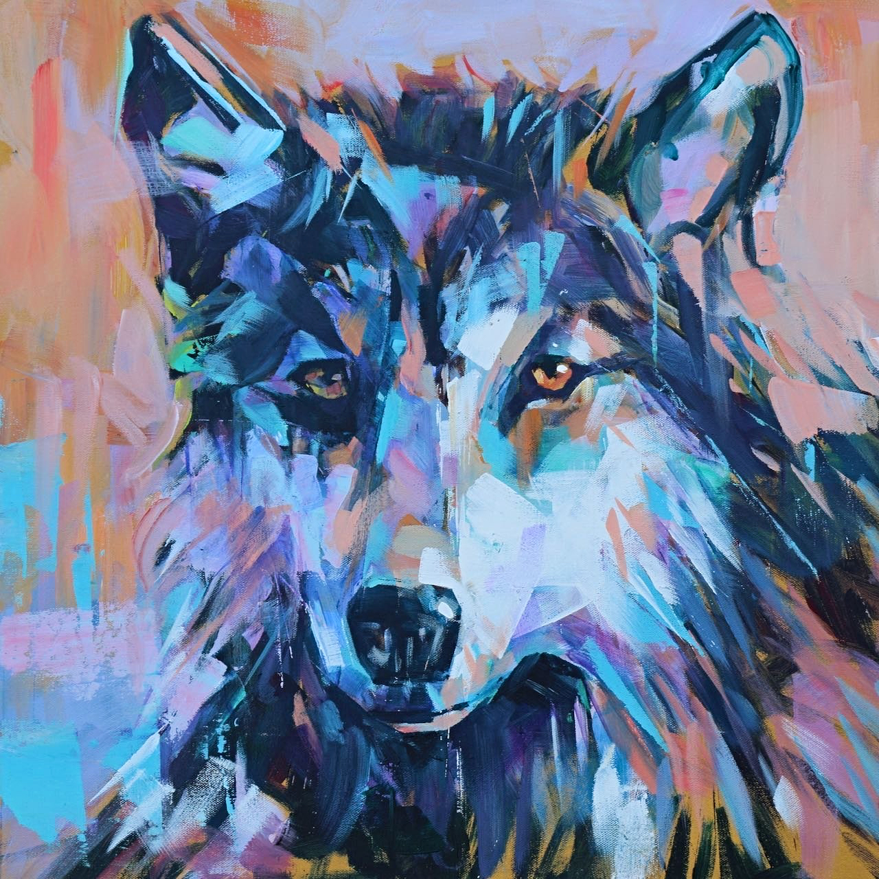 Loyal to the Pack, acrylic wolf painting by Verne Busby at Effusion Art Gallery in Invermere, BC.