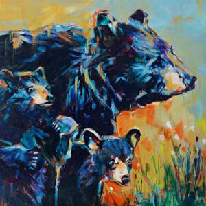 Original acrylic painting of a mama black bear and her two playful, curious cubs by Verne Busby